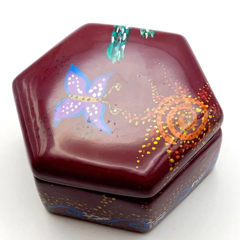 Small Butterfly & Floral Patterned Red Clay Pottery Hexagon Trinket Box With Lid